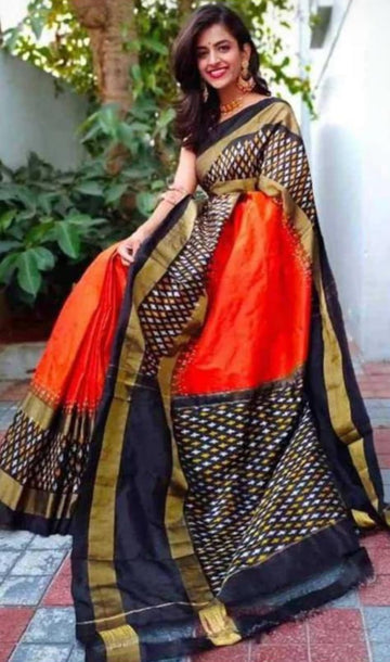 Pochampally-Ikkat-Silk-Orange-Black-Sari-Weavesarees.com